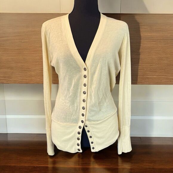 COLOR STORY V Neck Cardigan Sweat Yellow Snap Front Long Sleeve TOP Women’s L - Picture 1 of 8